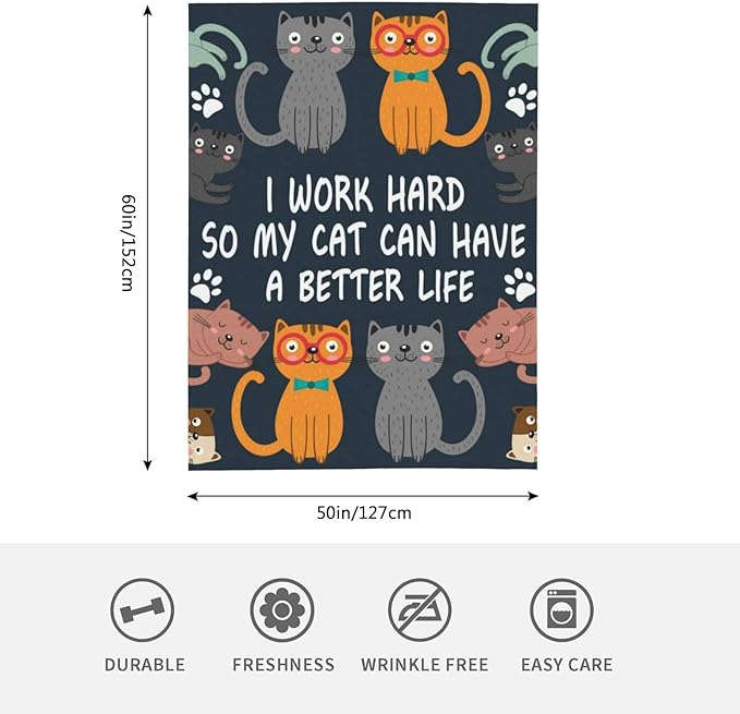 Dark cat throw blanket with quote text and cartoon cats with paw prints