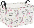 Rectangular unicorn storage basket with handles, white fabric with multicolor unicorns and hearts