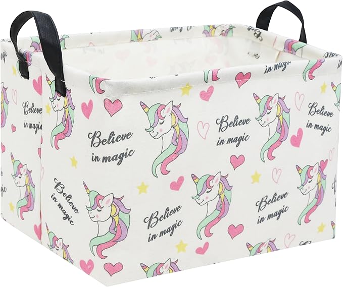 Rectangular unicorn storage basket with handles, white fabric with multicolor unicorns and hearts