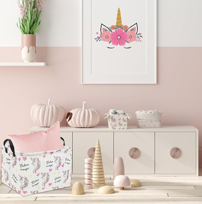 Rectangular unicorn storage basket with handles, white bin with pink hearts and unicorn print