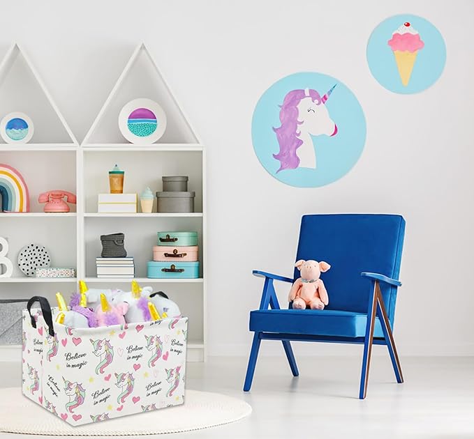 Rectangular unicorn storage bin with handles, white fabric with unicorn and heart pattern