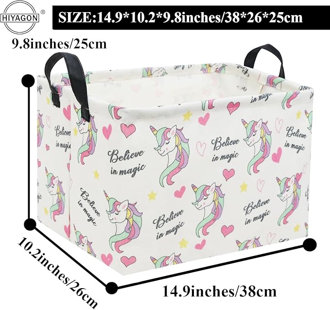 Rectangular unicorn storage basket size with handles, white fabric with unicorn-and-heart print