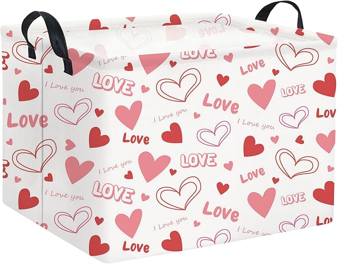 Pink rectangular valentines gift basket with heart and Love print, black carry handles