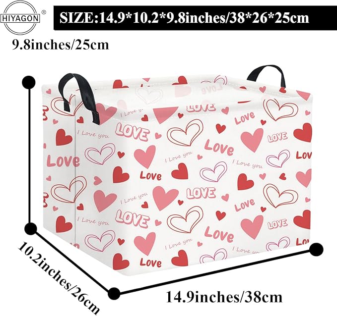 Rectangular valentines gift basket with Love heart pattern and size measurements diagram