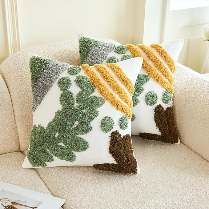 Tufted throw pillow cover, white with green leaf and brown tree motifs