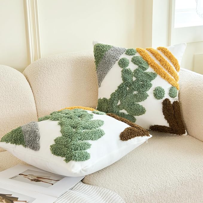 Tufted throw pillow cover, white with green foliage and golden yellow top stripe