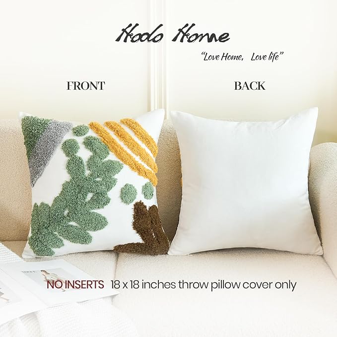 Tufted pillow cover set, front has tree-and-stripe design; back is solid white