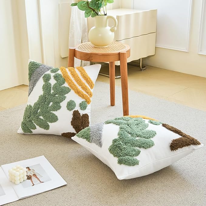 Tufted throw pillow cover, white with green tree motif and golden stripe detail