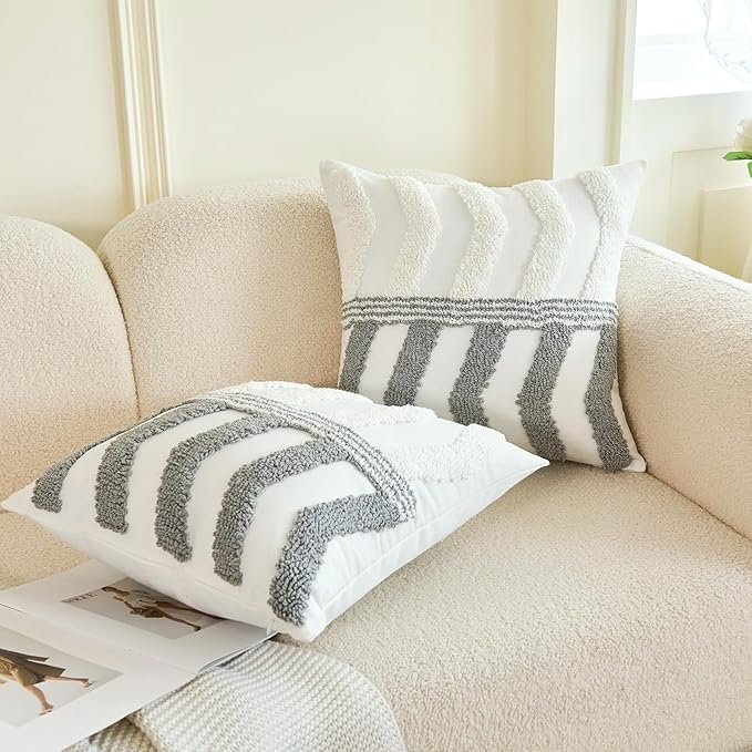 White and gray striped tufted pillow cover set for couch with arched pattern