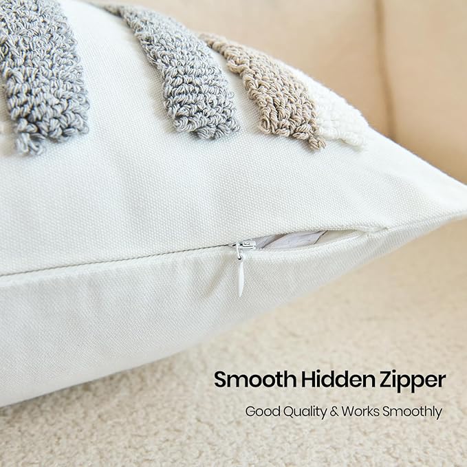 White pillow cover with smooth hidden zipper and braided fringe trim