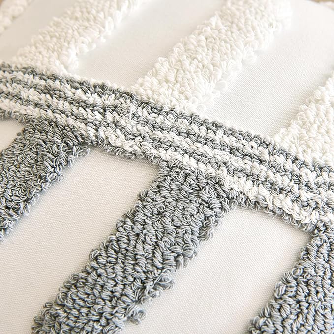 Textured white pillow cover fabric with gray looped tufted cross pattern