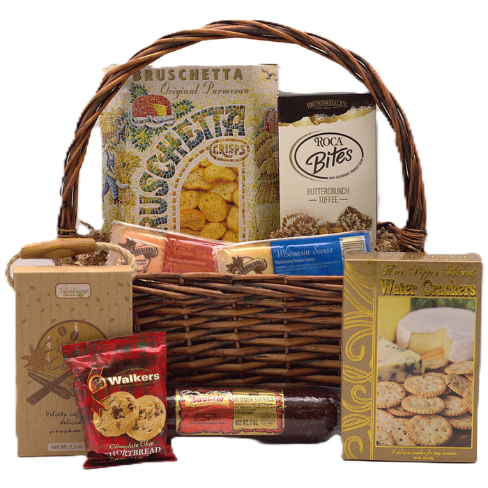 Wicker gift basket with assorted cookies, crackers, chocolate, and tea packets