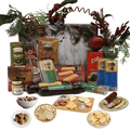 Holiday gift box with assorted deli and snack foods, decorated with pine branches
