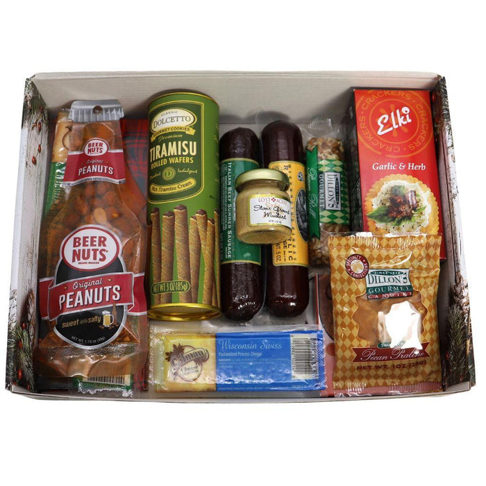 Open holiday gift box with assorted canned and packaged foods inside