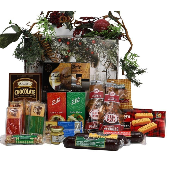 Holiday gift box tray with chocolates, peanut bags, crackers and festive snack bars
