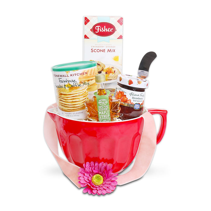 Red mug gift basket with baking mix, maple syrup, and scone mix with flower accent