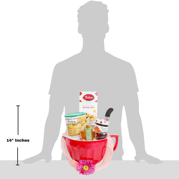 14-inch red mug gift basket with baking mix, syrup, and scone mix, flower front