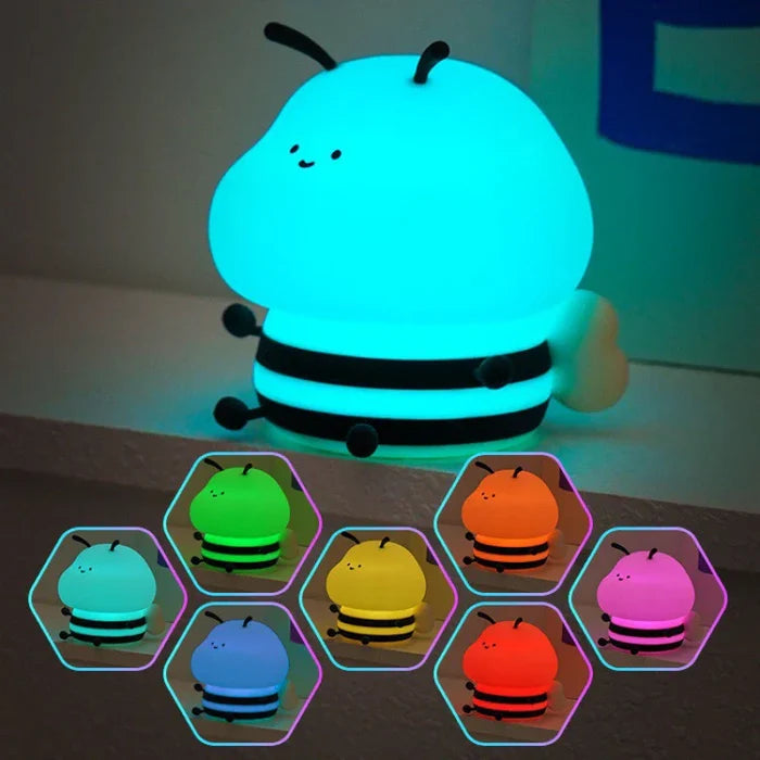 Honey bee night light, blue glowing bulb with three stacked light bands and antennas