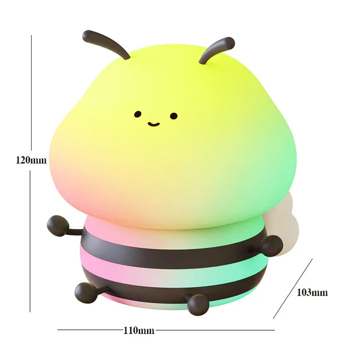 Honey bee night light size diagram, rounded yellow body with three stacked light bands