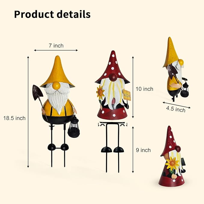 Metal gnome yard statue size diagram showing red-hat and yellow-hat figures