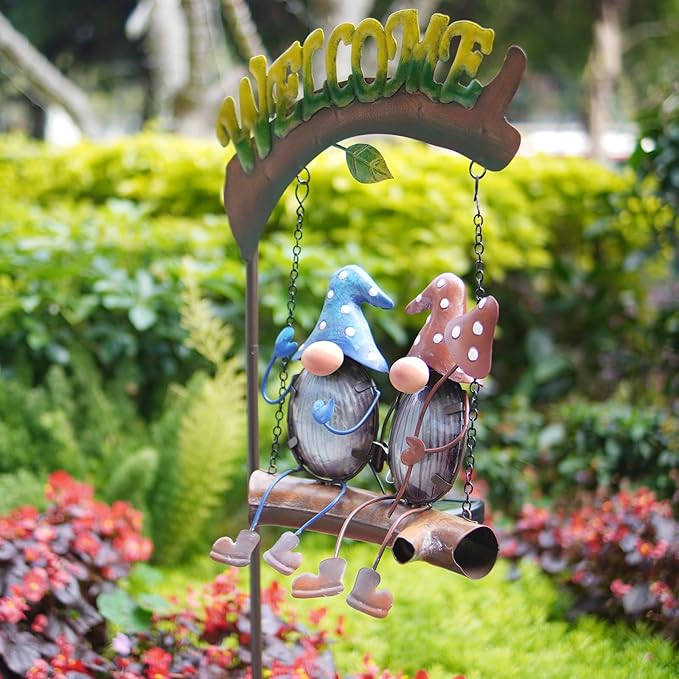 Garden solar gnome swing decoration with blue and red gnomes and hanging Welcome arch