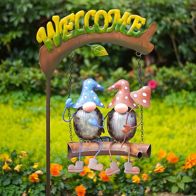 Lit solar gnome swing lights with two gnomes and Welcome arch for outdoor yard