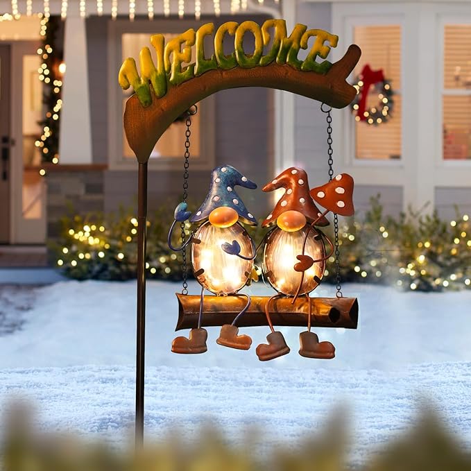 Solar gnome swing lights with glowing blue and orange gnomes on a Welcome arch