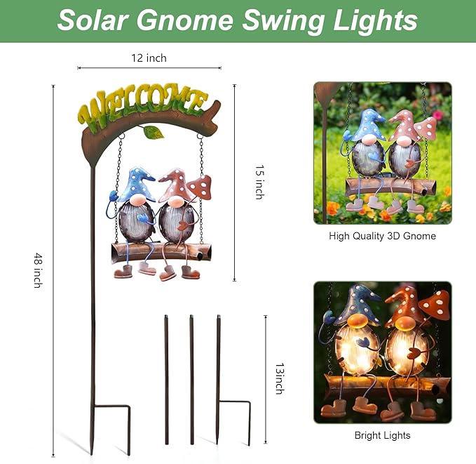 Solar gnome swing lights size diagram with stakes and glowing gnome design