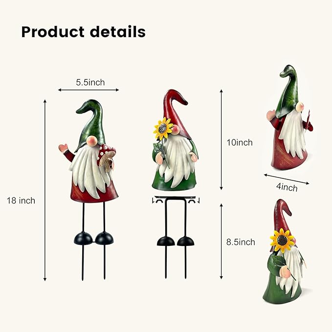 Two metal gnome yard statues with red and green cone hats, white beards, stake bases