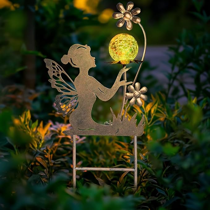 Gold metal fairy garden stake solar light with crackle globe and flower topper