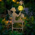 Gold metal fairy garden stake solar light with crackle globe and flower topper