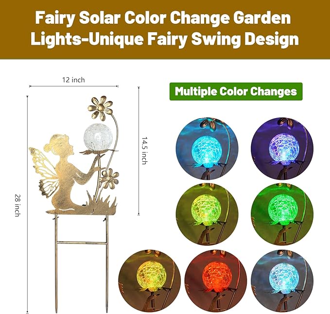 Fairy solar garden light stake with crackle glass globe and flower accents, multi-color