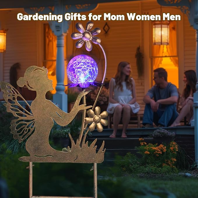 Gold metal fairy solar light stake with crackle glass globe and butterfly wings
