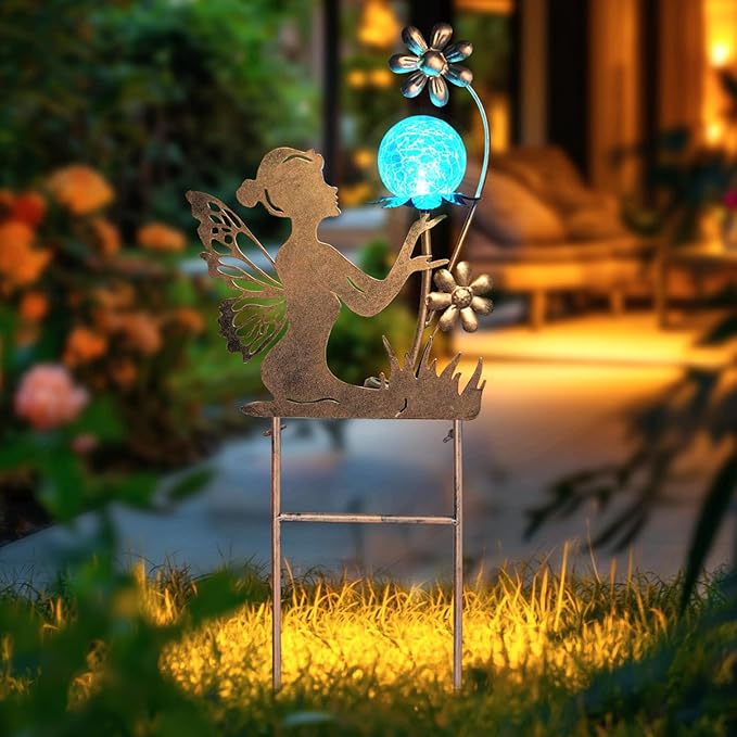 Gold fairy solar garden stake light with crackle glass globe and floral decorations