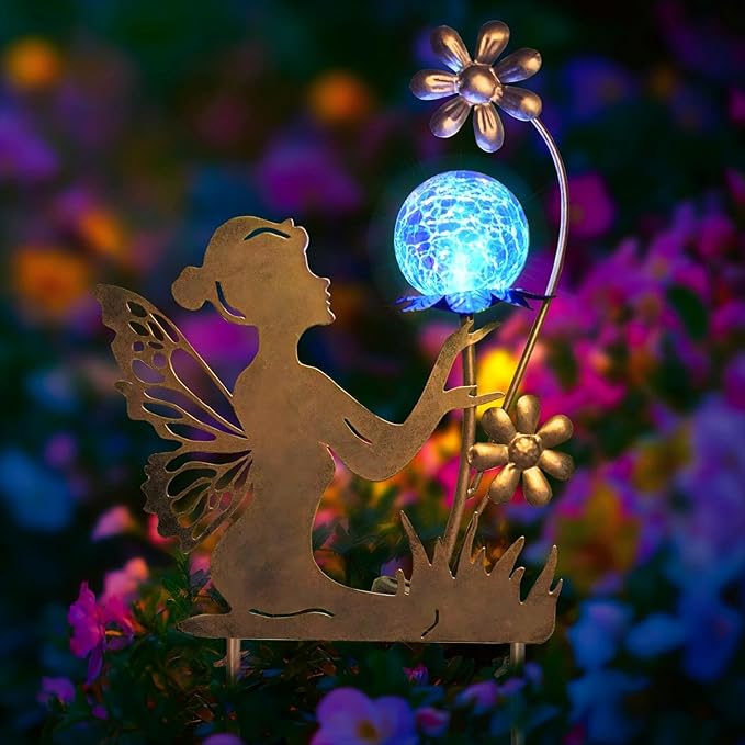 Gold metal fairy garden stake solar light with crackle globe and flower topper