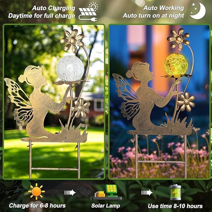 Fairy solar garden stake light with crackle glass globe and flower topper, auto charging