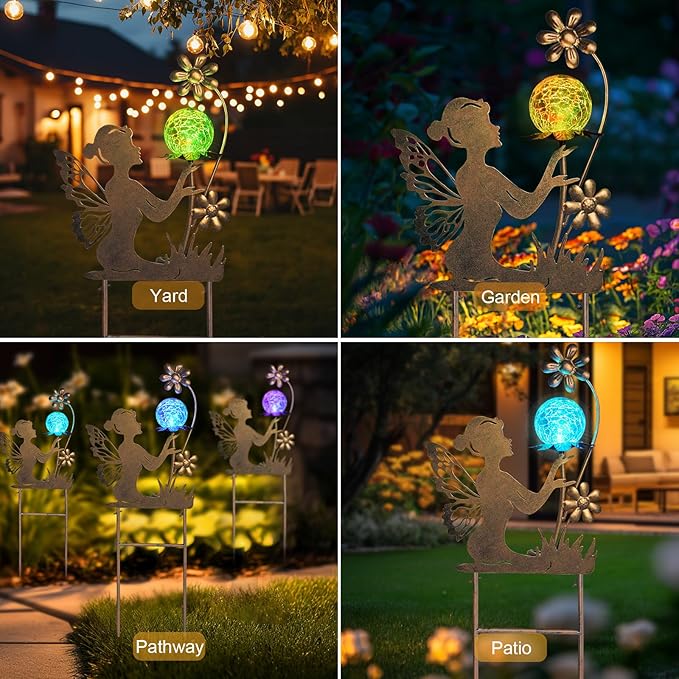 Fairy solar garden light stake with crackle glass globe, glowing colors for yard and patio