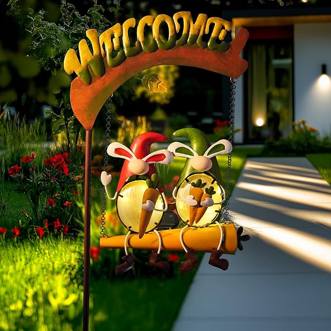 Solar swing garden light with 3D rabbits on chains under a brown welcome arch sign