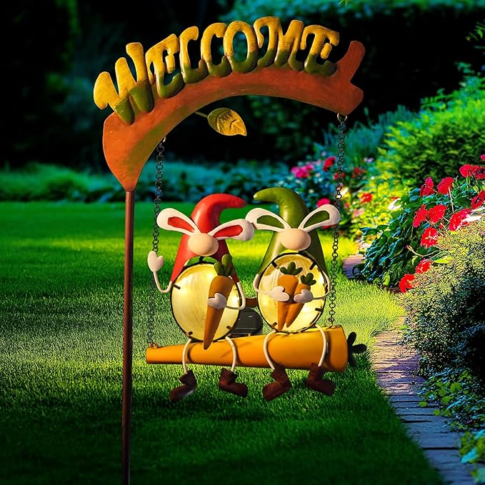Solar swing garden light with two 3D rabbits on chains under a glowing brown welcome arch