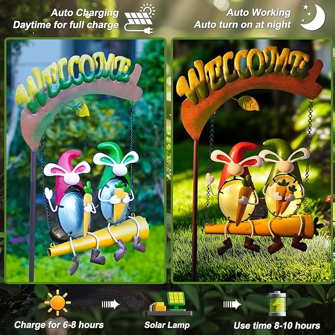 Solar swing garden light box art with 3D rabbits on chains under a welcome sign