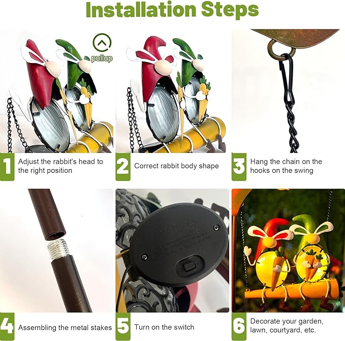 Solar swing garden light installation steps showing rabbit swing, metal stakes, and solar switch