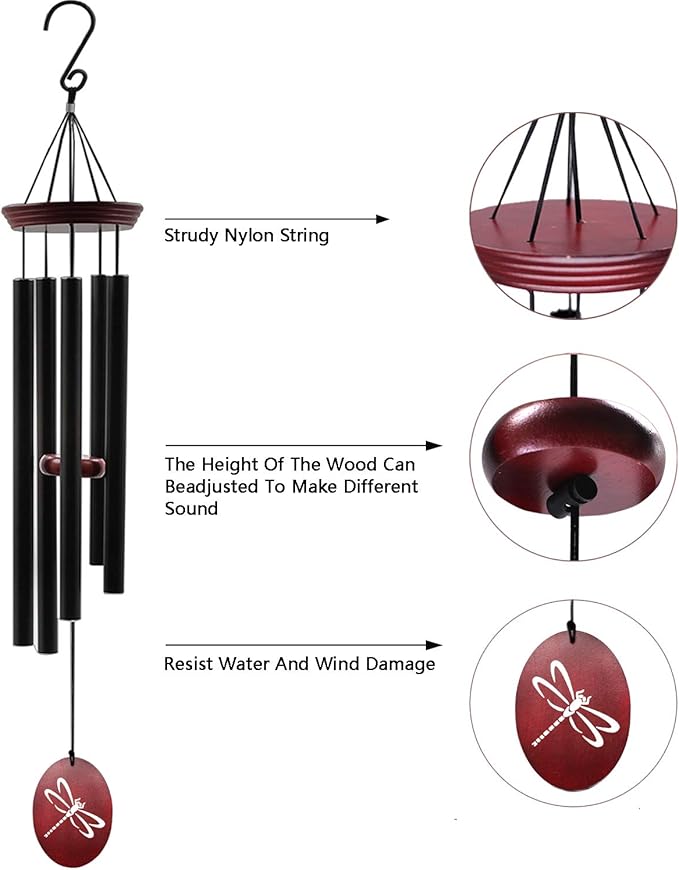 Outdoor wind chime with black tubes, red dragonfly discs, nylon string hanger (diagram).
