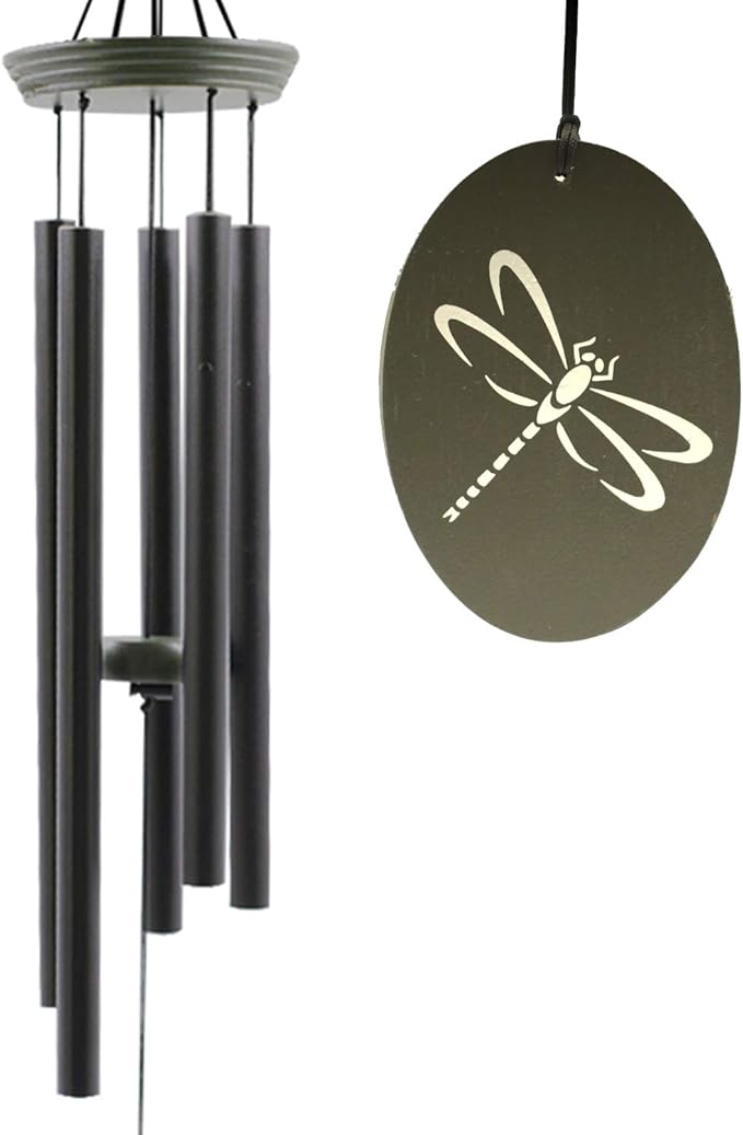 Outdoor wind chime with green oval dragonfly charm and six dark metal tubes