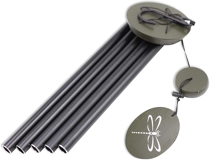 Outdoor wind chime with curved dark metal tubes and three green oval charms