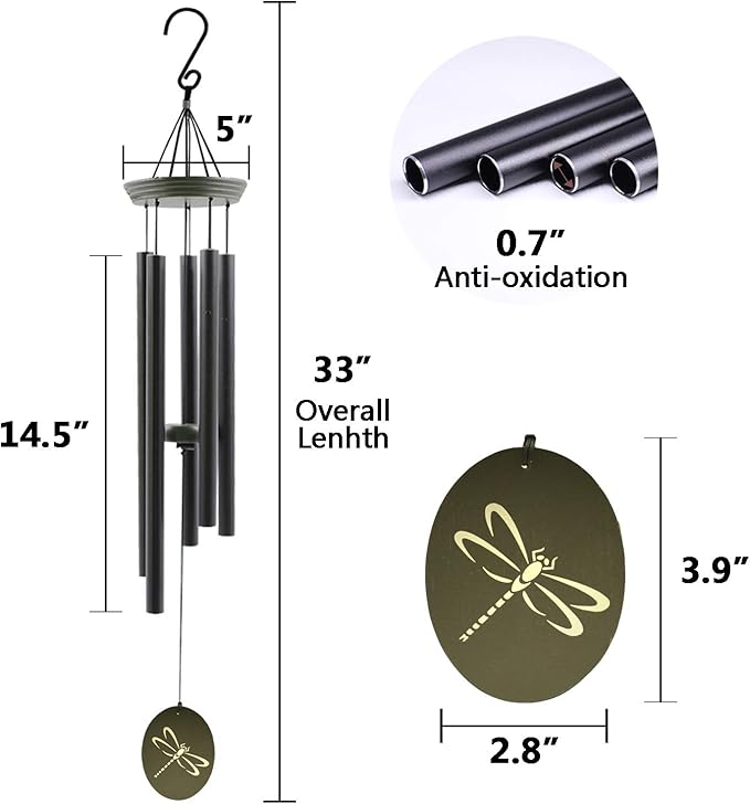 Outdoor wind chime with dark metal tubes and green dragonfly disk hanging charm
