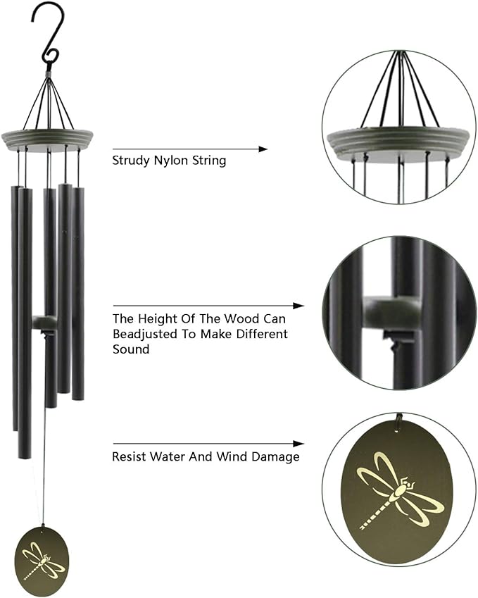 Outdoor wind chime with round top, dark metal tubes, and green dragonfly disks