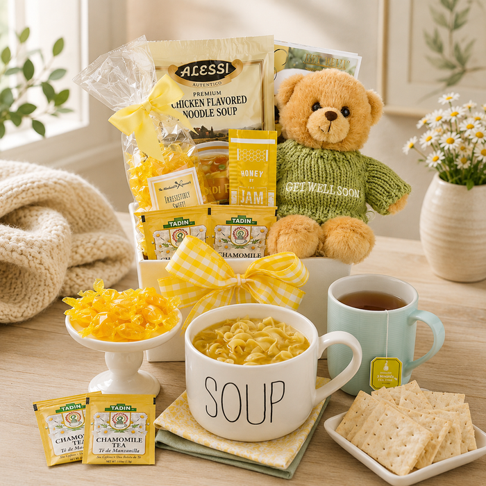 Soup gift basket with teddy bear, green sweater, yellow ribbon, mug and soup packets