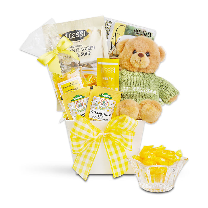 Soup gift basket with teddy bear, yellow gingham bow, honey and chamomile tea packets, bowl