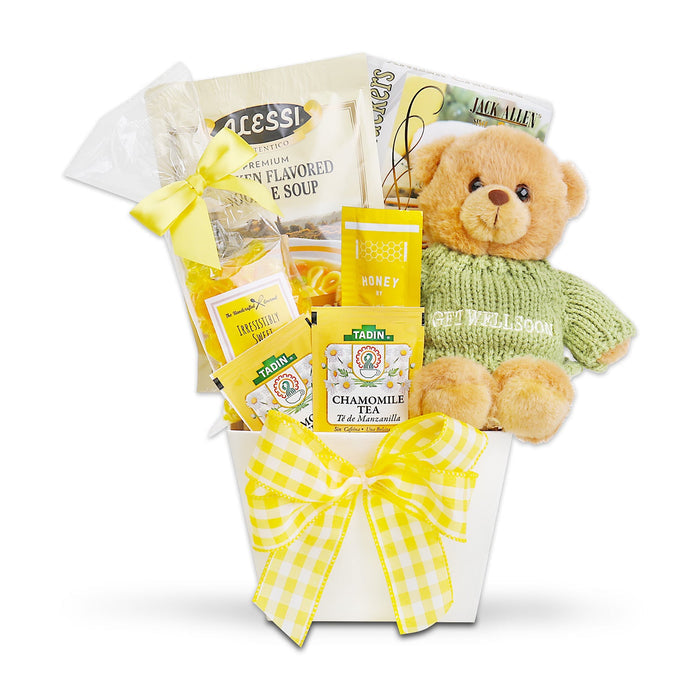 Soup gift basket with teddy bear in green sweater, yellow bow, honey and chamomile tea packets