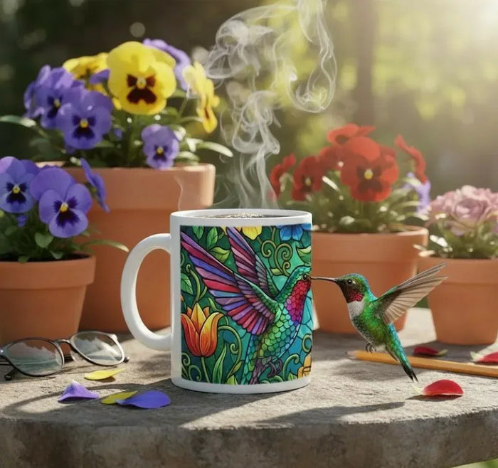 Colorful ceramic mug with hummingbird stained-glass design and white handle